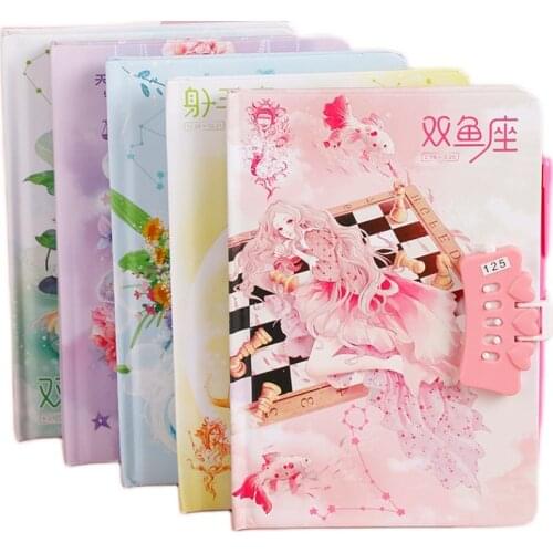12 constellations hand account book with lock password Book cute primary school simple notebook childrens school office supplie
