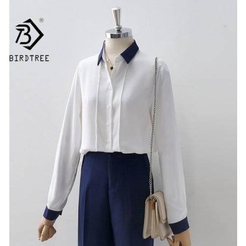Autumn Women White Shirt Vintage Long Sleeve Chiffon Blouse Contrast Color Turn-Down Collar Elegant Office Wear Fall Spring TopS
