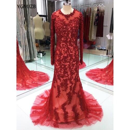 Saudi African Long Evening Dresses Mermaid 2018 Beaded Lace Long Sleeves Red Women Formal Prom Evening Gowns Vestidos De Festa