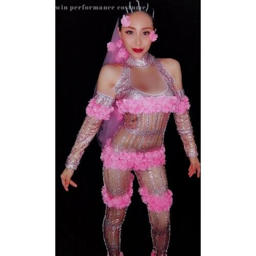 Exotic costume gogo dancing see through mesh pink floral decoration bar bithday party live show
