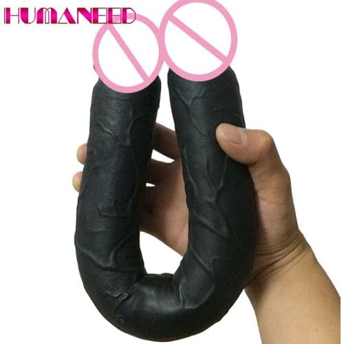 46*5cm Huge Real U Shaped Double Dildo Flexible Soft Jelly Vagina Anal Women Gay Lesbian Double Ended Artificial Penis Sex Toys