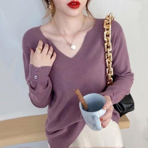 Purple Sweater Autumn V neck Buttons Long Sleeve Casual Pullover Sweaters Knitted Loose Pullover Winter Basic Jumper Tops