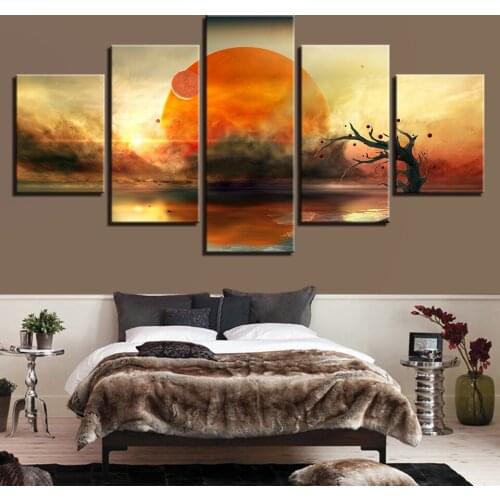 HD Printed Canvas Pictures Decor Home Wall Art 5 Pieces Tree And Abstract Earth Planets Sunshine Scenery Modular Painting Framed