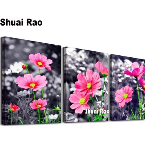 Black white Red Flower Triptych Full Square Round 5D Diy Diamond Painting Embroidery Mosaic Art 3 Pieces Picture