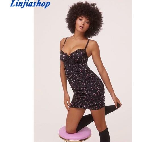 Fashion Women Floral Print Sling Dress Female Lace Trim Party Night Club Sexy Dress Summer Bodycon Mini Draped Vestido