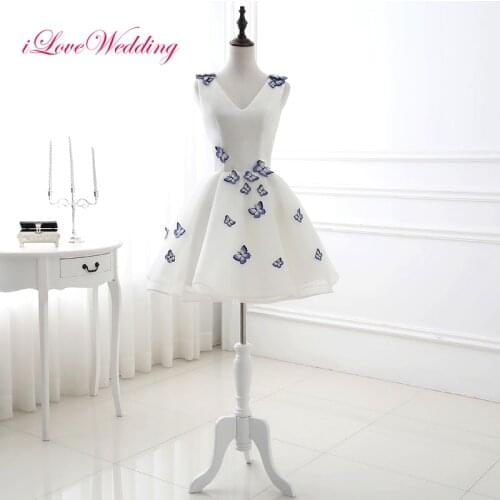 Fashion White Cocktail Dresses A line V Neck Lace Up Back Little Party Dress Mini Dress With Butterfly Applique Short Dress