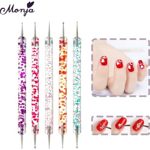 Monja 5 Pcs Dual End Nail Art Rhinestones Beads Picking Brush Sequins Handle Drawing Painting Carving Pen Manicure Dotting Tools