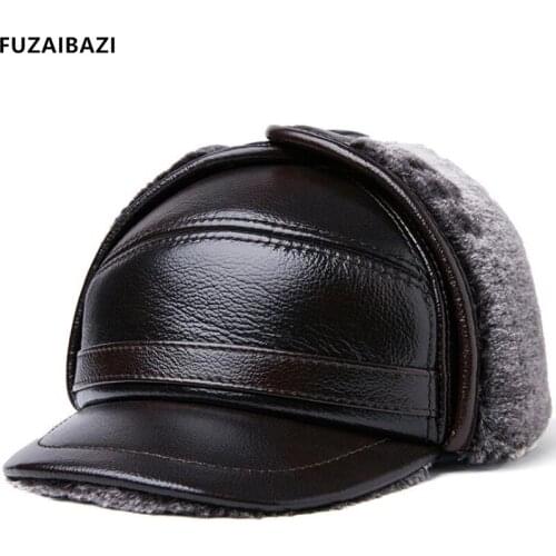 FUZAIBAZI New Middle-Aged Elderly Mens Genuine Leather Lei Feng Cap Winter Fashion Ear Protection Keep Warm Cowhide Bomb Caps