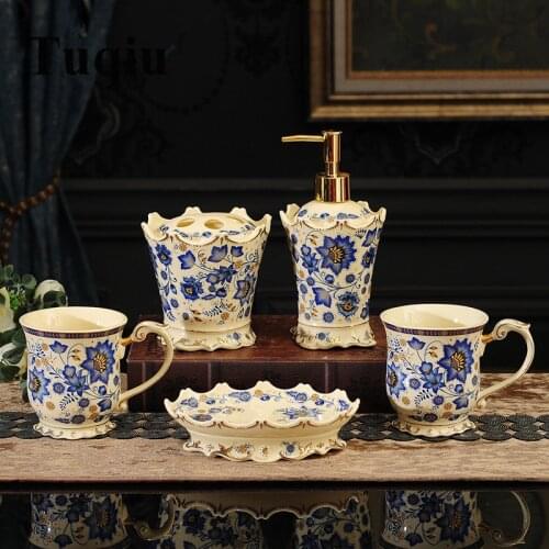 Bathroom Accessories Set Ceramic Tooth brush HolderSoap Dish Soap Dispenser Gargle Cup European Style Bathroom Set Wedding gift