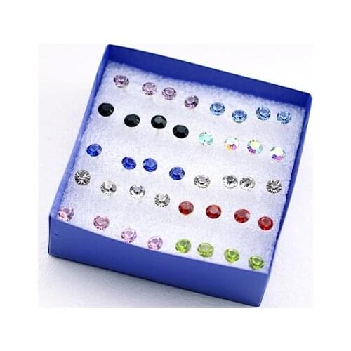 Jewelry wholesale gift Korea cute 18 Pairs Womens 5mm Clear/Multicolor Crystal Allergy Free Ear Studs Earrings