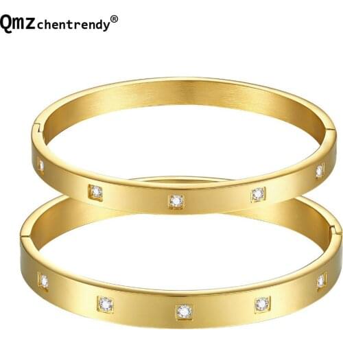 A couple Women MEN golden jewelry 316L Stainless Steel Luxury Bling Iced out Cz Crystal simple Bangle bracelets for lovers