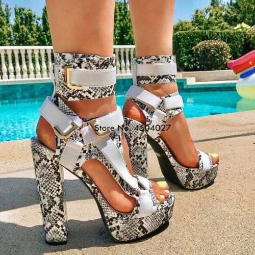 Snake Print Platform Chunky High Heels Ankle Strap Sandals Sexy Peep Toe Ladies Fashion Shoes New Women Sandals