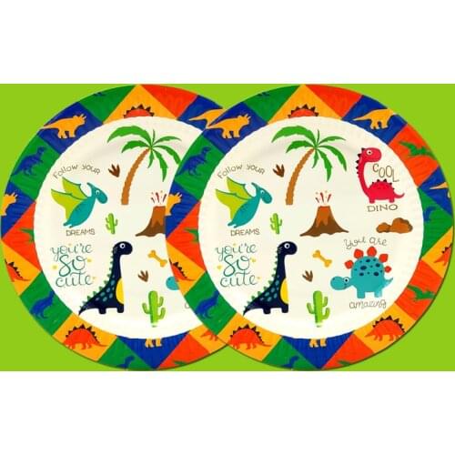 Party supplies 8pcs Dino Dinosaur theme party decoration disposable tableware paper dessert plate dishes 7inch with food film