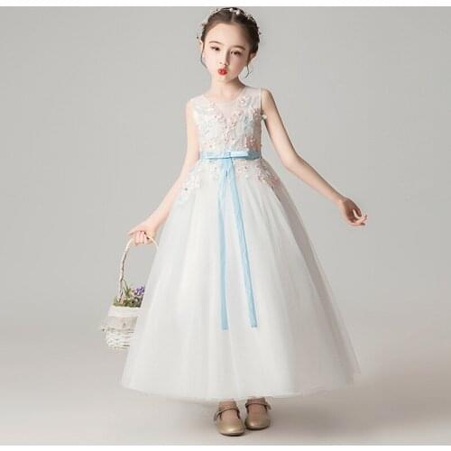 Girls Tulle Gown Flower Girl Dress For Weddings Summer New Bow-knot Flower O-neck Sleeveless Lace Dress Big Girls Long Ball Gown