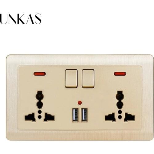 UNKAS Wall Power Socket 2 Gang Universal 3 Hole With Neon 2.1A Dual USB Charger Port LED Indicator 146mm * 86mm Gold Outlet