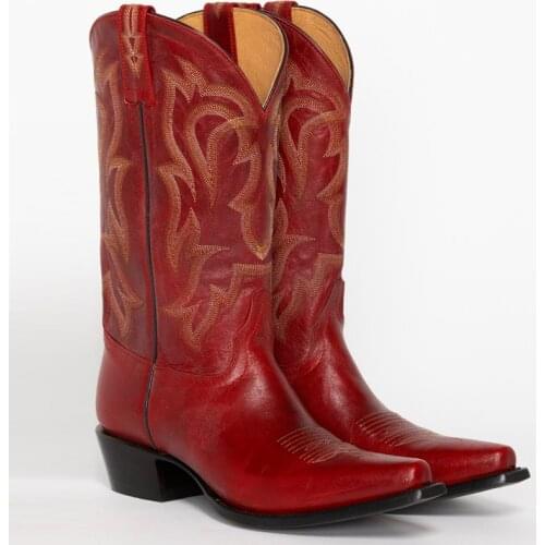 43 Big Size Red Cowboy Boots Women Embriodery Mid Calf Roper Boots Women 2021 Autumn New Thick Heel Cowboy Boots Shoes