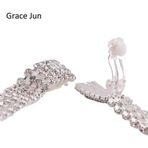 Grace Jun New Arrival Rectangle Tassels Rhinestone Clip on Earrings for Women Party Wedding Charm Jewelry No Hole Ear Clip