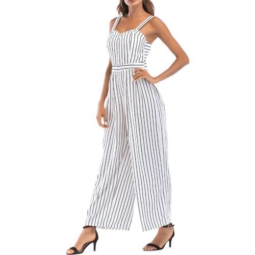 2018 Summer Women Striped High Waist Backless Wide Leg Jumpsuit Strap Playsuit Long Pants Trousers