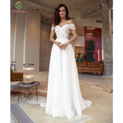 SSYFashion New White Sequins Shining Evening Dress Elegant Boat Neck Floor-length Long Prom Formal Ggowns for Women Vestidos