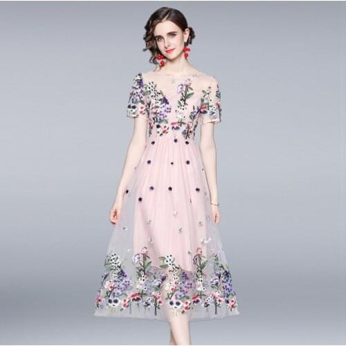2021 High-end Womens Summer Fashion Runway Midi Dress Short Sleeve Mesh Flower Embroidery Ladies Slim A-Line Dresses Vestidos