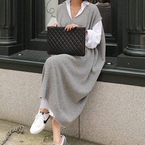 Female Knitted Vest Dress 2021 Casual Winter Oversize Straight Sleeveless Sweater Dress Women Thick Knit Long Dress