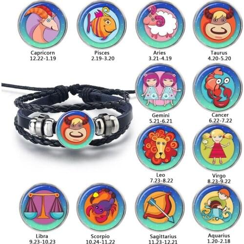 12 Zodiac Constellation Time Gem Stone Leather Hand Woven Bead Pisces Aries Scorpius Libra Virgo Bracelets Birthday Gift For Men