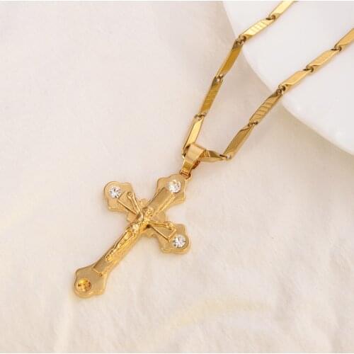 18 k Solid Fine Yellow Gold Cross Pendant Filled CZ Charms Lines Necklace Christian Jewelry Factory God gift