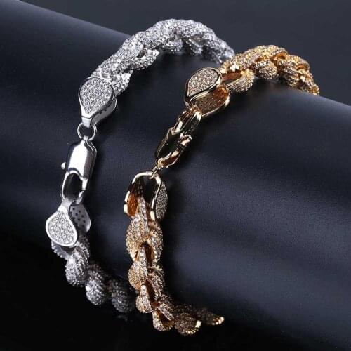 Full AAA+ CZ Zircon Paved Ice Out Twist Rope Link Chain Bracelets for Men Bling Rapper Jewelry Gold Silver Color