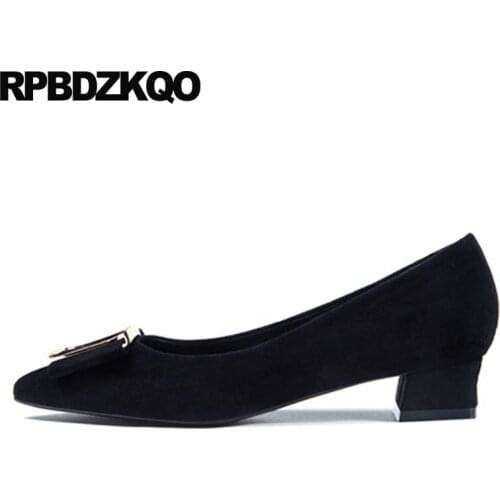 Black 3 inch thick plus size medium heels high metal office shoes women fur pointed toe 2018 fashion formal suede pumps 4 34