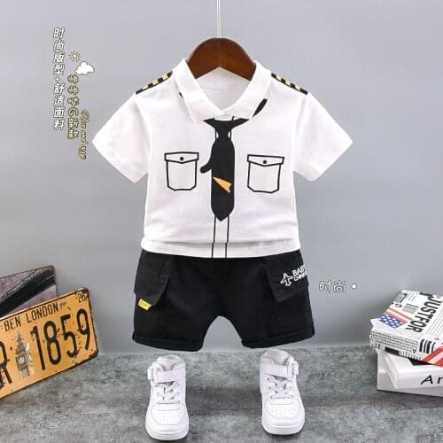 New Summer Baby Boys Handsome Captain Clothing Sets Toddler Girls Print Cotton T-shirt+Shorts 2Pcs Sets Kids Infants Clothes