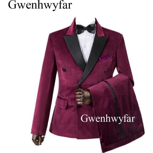 Gwenhwyfar Handsome 6 Buttons Burgundy Velvet Groom Tuxedos Satin Lapel Groomsmen Best Man Wedding Prom Dinner Suits 3 Pieces