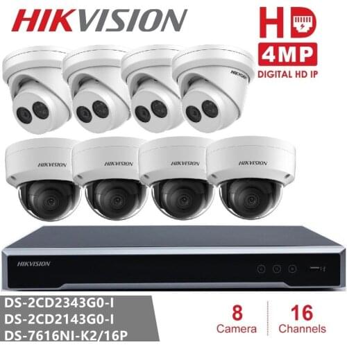 Hikvision Security Camera Kits NVR DS-7616NI-K2/16P & Camera DS-2CD2343G0-I & DS-2CD2143G0-I 4MP IP Camera Dome Surveillance Cam