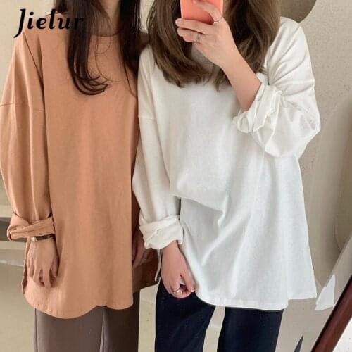 Jielur Basic Solid Color Womens T-shirt New 2021 Loose Leisure Bottoming T-shirts Long Sleeve Korean BF White Gray Top S-L Size
