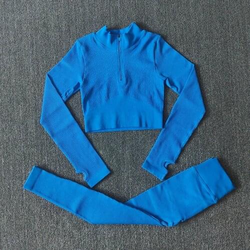 2PCS Seamless Yoga Set Sexy Zipper Sport Suit Long Sleeve Drawstring High Waist Gym Leggings Workout Clothes For Women Sportwear