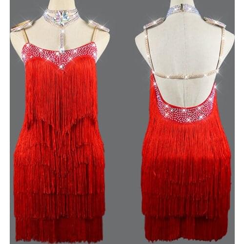 Latin Dance Competition Dress Red Fringe Stage Dance Costume Women Suspender Dress Performing Clothes Girls Latina Dress VDB2366