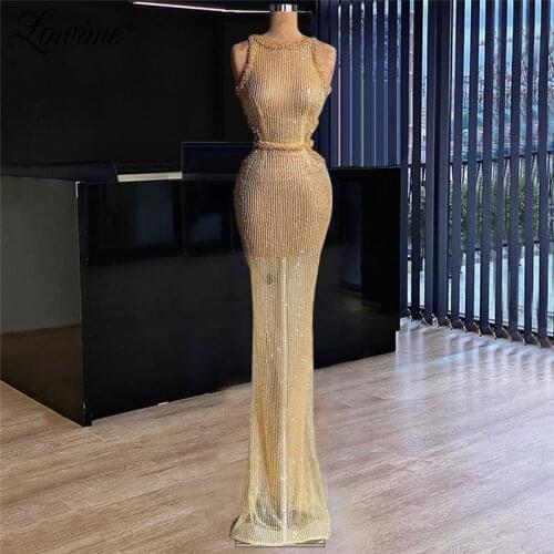 Lowime Gold Beading Evening Dresses Mermaid Plus Size Party Gowns For Weddings 2021 Dubai Saudi Arabia Long Prom Dress Robes