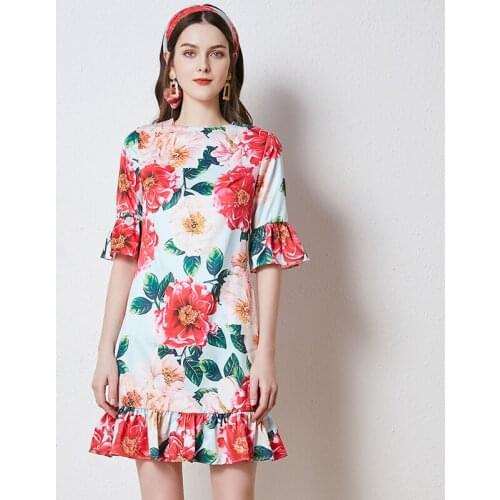 Fashion Designer Summer Vintage Party Dress Women Flare Sleeve V-neck Red Floral Print Slim Beach Short Dress k368