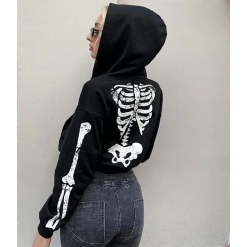 2021 New Women’s Autumn Hooded Sweatshirts Coats Casual Womens Long Sleeve Zipper Up Halloween Bones Print Hoodies Sweatshirt
