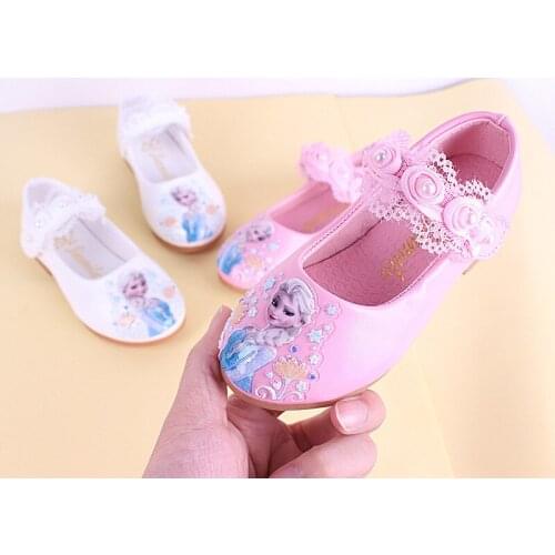 Disney new girls single shoes cartoon frozen childrens casual shoes pink and white frozen small leather shoes