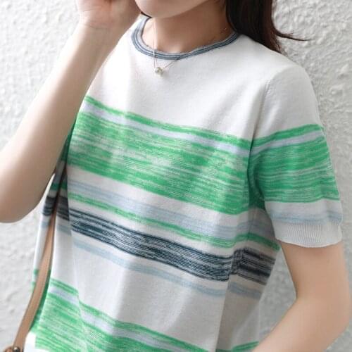 New womens 100% pure cotton short-sleeved color-blocking striped T-shirt O-neck knitted casual loose large size T-shirt