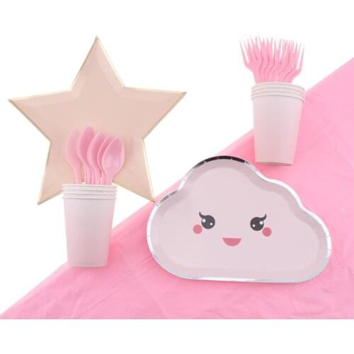 Disposable Tableware Cloud Plate Five-Pointed Star Shape Pink Theme Tableware Set 41 Pieces Birthday Party Decorations Kids