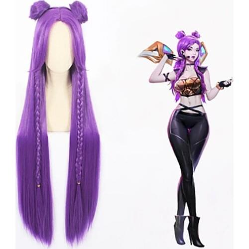 HAIRJOY Lol KDA Cosplay Wig Long Straight Braided Purple Synthetic Hair Wigs with 2 Buns