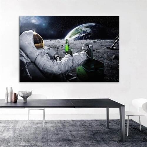 Outer Space Astronaut Cosmonaut Drinking Beer Moon Canvas Painting Posters Print Funny Wall Art Pictures Living Room Home Decor