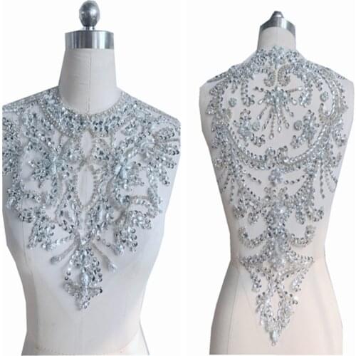Handmade silver crystal patches triming sew on rhinestones applique on mesh for dress front and back 33*41cm&52*32cm