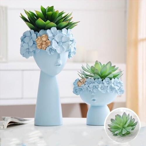 Nordic Ins Creative Resin Cute Head Vase+Green Fake Flower Sculptures Art Home Furnishing Crafts Decoration Flower Pot Ornament