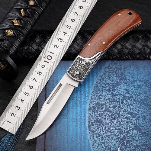 Folding Knife Outdoor Army Knife Field Survival Portable Knife Sharp Short Knife Self-defense High Hardness Fruit Knife Mahogany