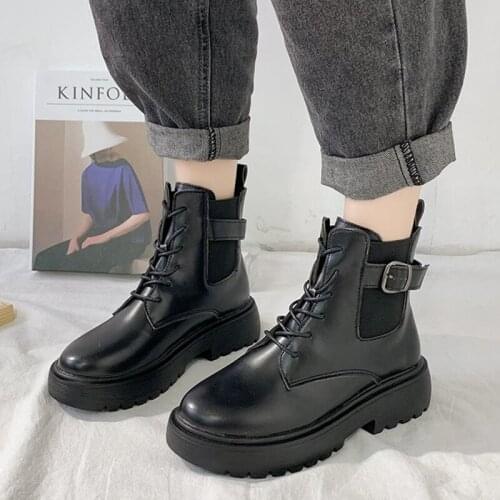 Rimocy Womens Chunky Platform Motorcycle Boots Autumn Winter New Lace Up PU Leather Ankle Boots for Woman Black Punk Shoes