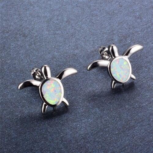 Boho Female Blue White Fire Opal Earrings Cute Small Turtle Stud Earrings Vintage Silver Color Wedding Earrings For Women