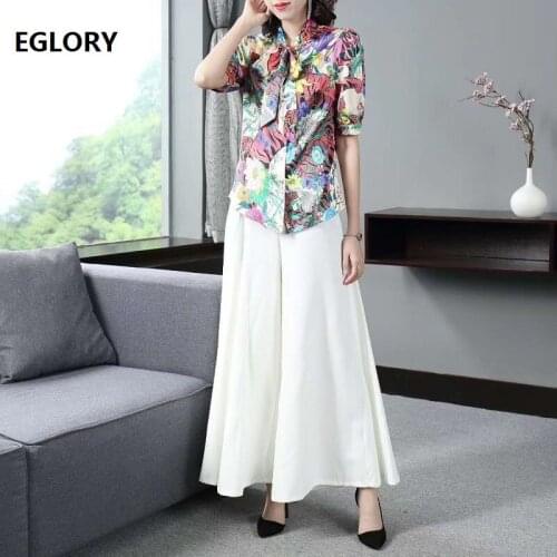 Top Grade Designer Clothing Suits Women Bow Collar Sexy Wild Animal Print Blouse Tops+Wide Leg White Pant Set & Suits Female