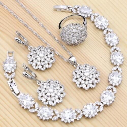 Silver 925 Engagement Jewelry Sets for Women Bridal Accessories White Cubic Zirconia Ring Bracelet Necklace Pendant Earrings Set